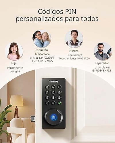 Miniatura 6 de Philips Cerradura de puerta Wi-Fi, cerradura inteligente WiFi, cerrojo de entrada sin llave para puerta delantera, compatible con Alexa y Google