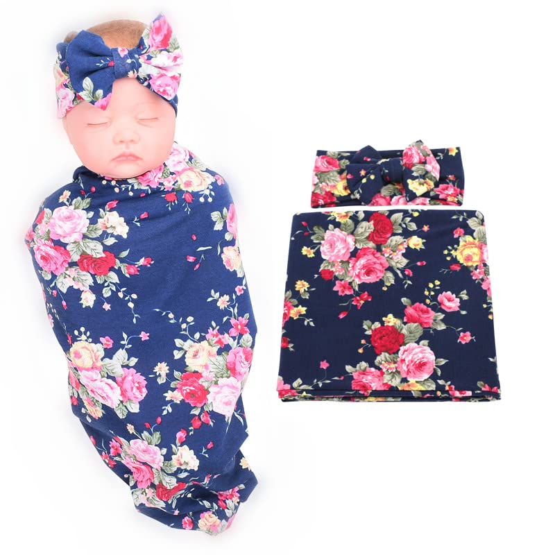 Image of Galabloomer Receiving Blanket Headband Set Flower Print Baby Swaddle Receiving Blankets