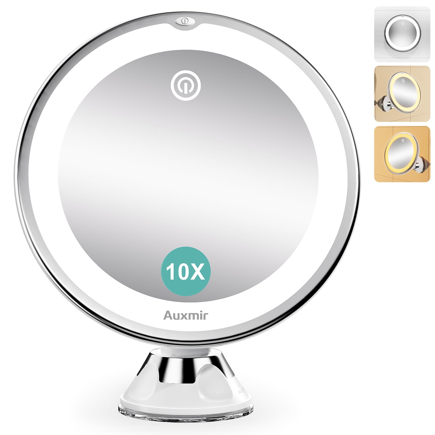 Auxmir Espejo Maquillaje con Luz 10X para Pared, Espejo Aumento Ventosa, Giratorio 360, 3 Colores de Luz, Táctil, Portátil para Ducha Pared Baño, Afeitar Depilar Cejas, Redondo