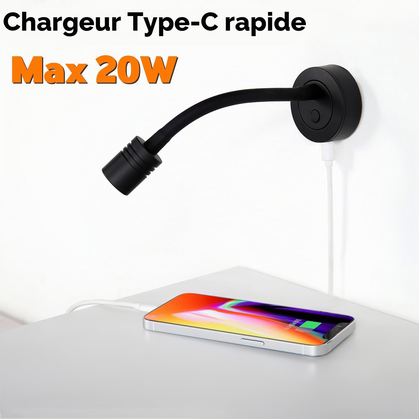 2 x Lampe de Lecture 12V LED Spot Flexible Col de Cygne Noir Réglable Applique Murale DC 12V-24V 3200K pour Camping-Car Bateau Caravane Voiture Camion, Chargeur Type-C intégré & Variateur