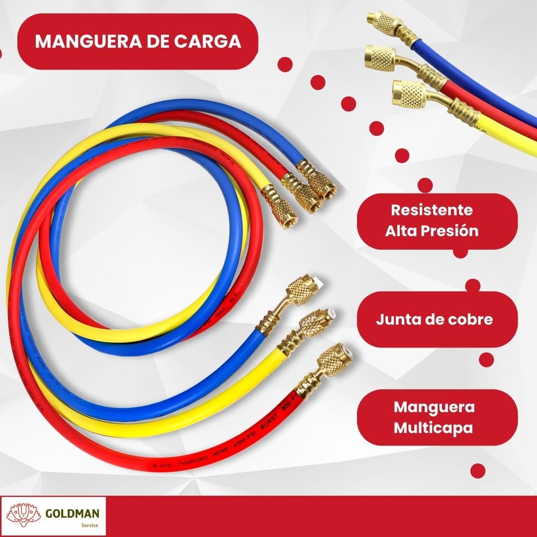 GOLDMAN SERVICE | Set de 3 Mangueras Recarga Alta Presión Gas Refrigerante R410a de Aire Acondicionado | Largo 150 centímetros, 60 Pulgadas