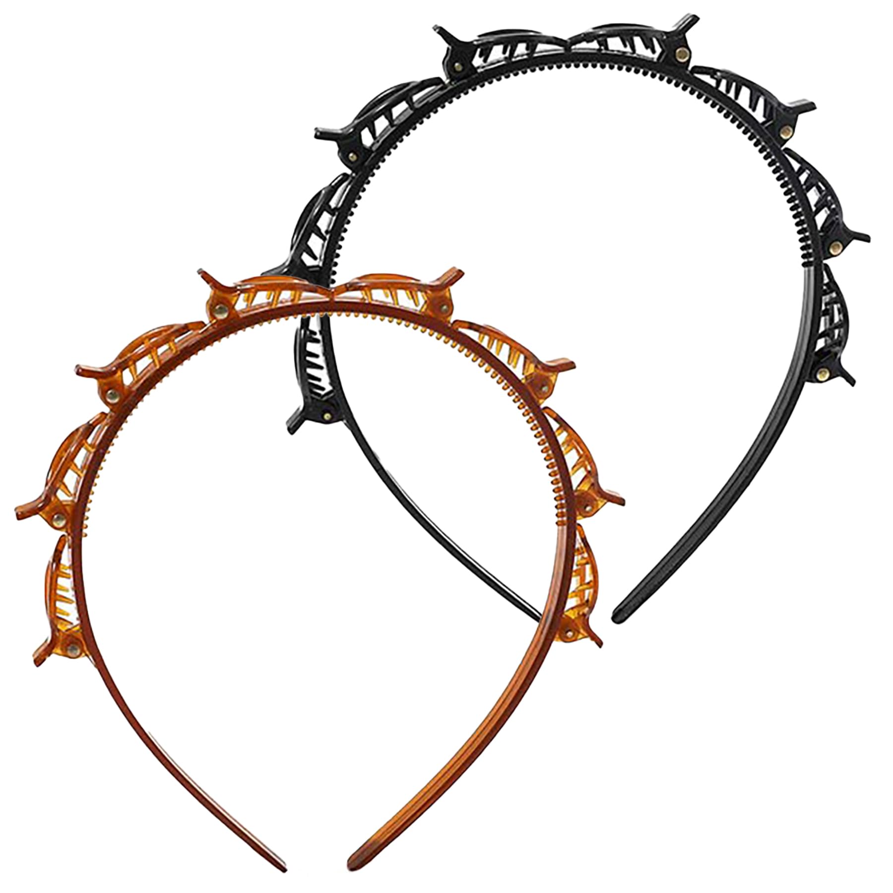 CoguZed 2 Pack Clip Headbands for Women, Double Layer Toothed Hairband with Clips Attached, Multi-functional Hairband for Braided Styling, Black & Brown