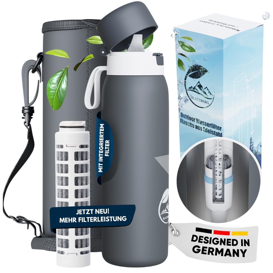 Botella de filtro de agua para exteriores de acero inoxidable [740 ml] + bolsa de transporte + bolas minerales – Accesorios de camping, equipo de supervivencia, botella con filtro –