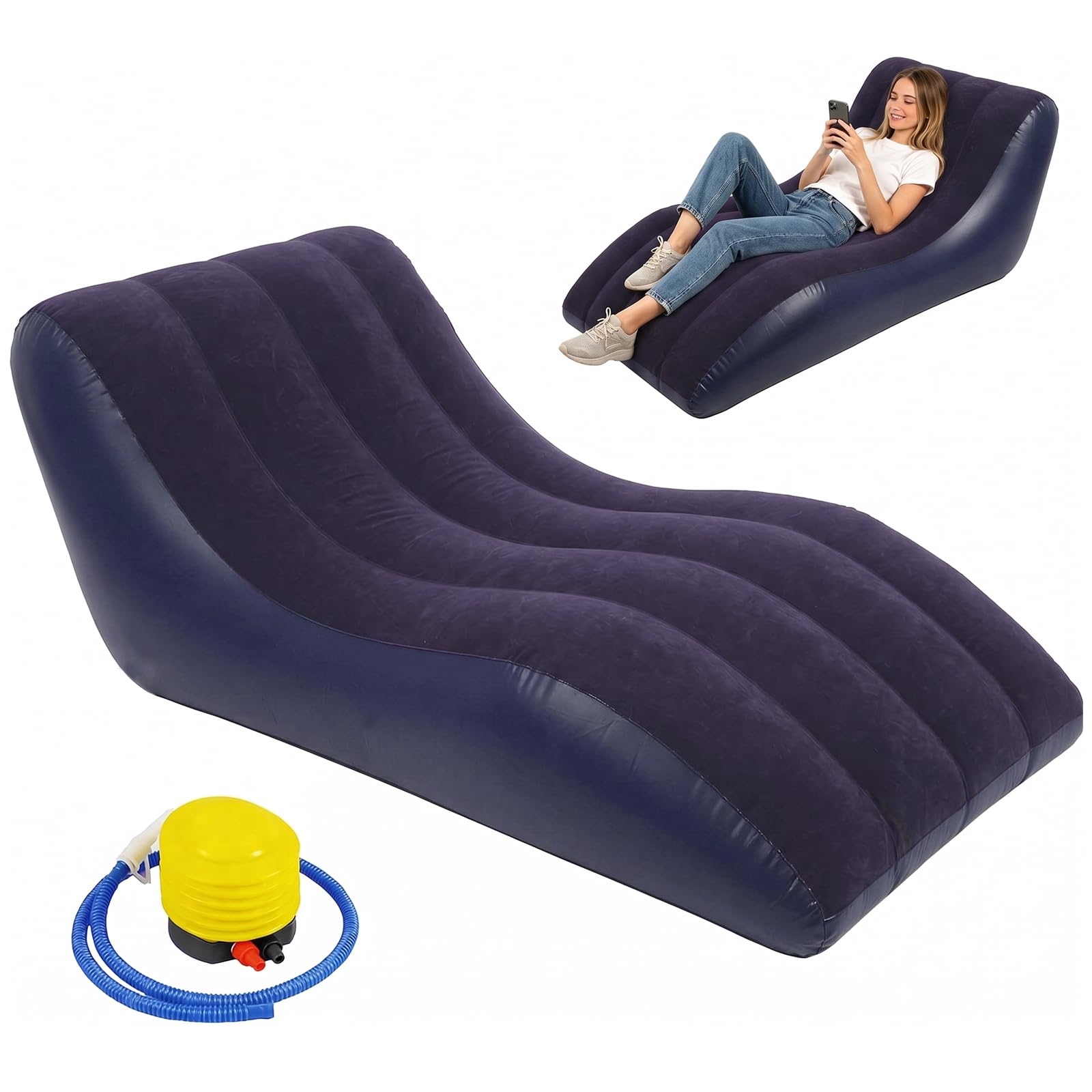 MeYuxg Divano Gonfiabile con Pompa,S Forma Sdraio Gonfiabile con rivestimento in Peluche,Portatile Campeggio Lettino Gonfiabile per Interni, Esterni, Casa, Viaggi e Feste in Spiaggia(Blu)