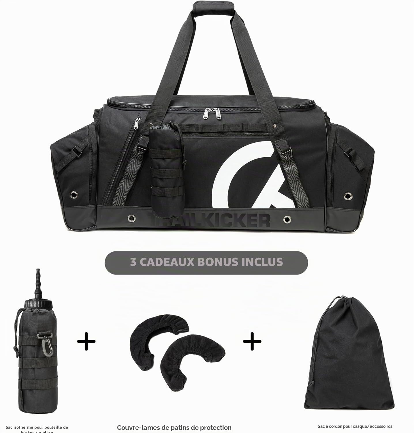 TRAILKICKER Sac de hockey – Sac à dos de hockey extra large – Peut contenir tout l'équipement de hockey ou de hockey sur gazon – Deux supports de bâtons et un compartiment séparé pour crampons – Noir
