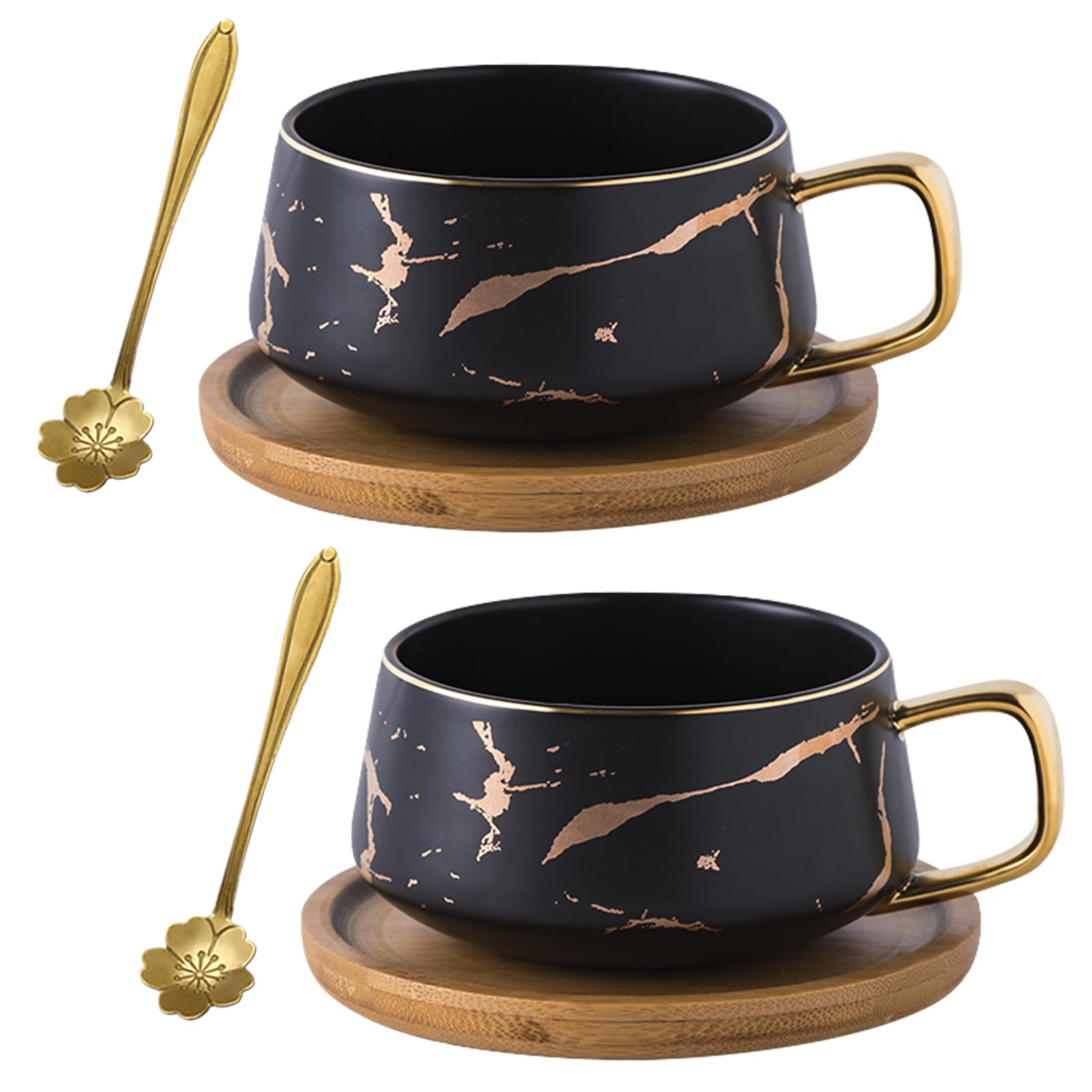 Jusalpha 10 oz Luxury Golden Hand Print Teacup Coffee Cup with Bamboo Saucer Set TCS19 (2 Sets, Black)
