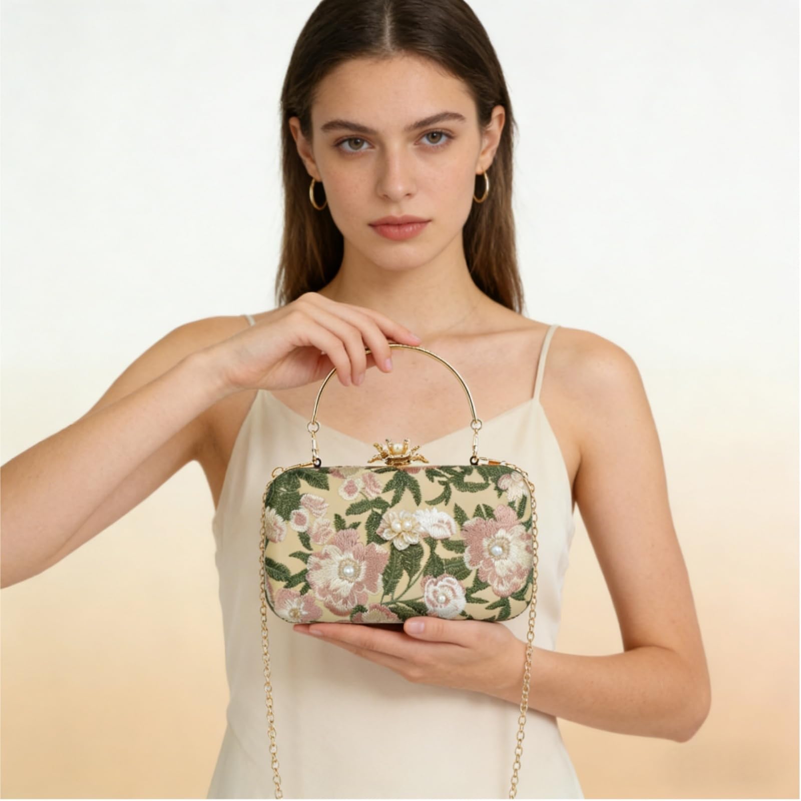 Bolso de Noche para Mujer, Bolso de Mano con Bordado Floral, Perla Clutch de Cóctel con Cadena, Bolso de Hombro Jacquard para Boda, Fiesta