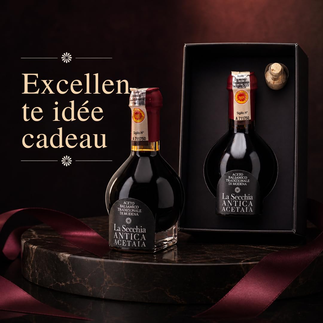 La Secchia - "Affinato", Vinaigre Balsamique Traditionnel de Modène DOP avec Vieillissement minimum de 12 ans, Flacon de 100 ml avec Bouchon Doseur en Verre Soufflé, Coffret Cadeau