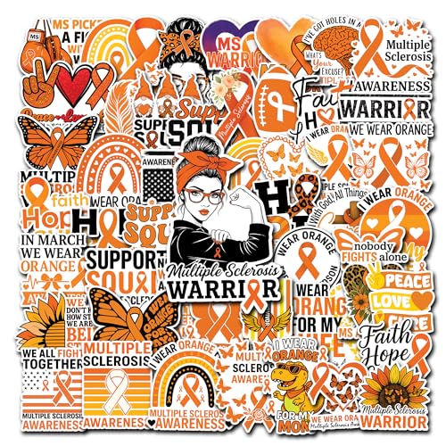 HIZILY 50 Pcs Multiple Sclerosis Awareness Stickers MS Survivor Sticker Orange Ribbon Vinyl Decal Water Bottle...