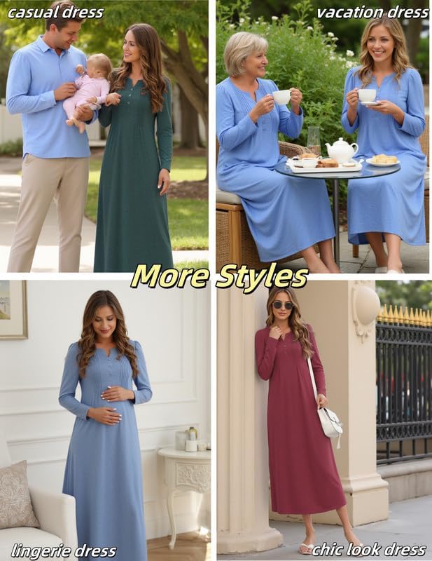 Marvmys Womens Cotton Long Sleeve Nightgowns Soft Ladies Sleep Shirts V Neck Full Length Night Shirts Sleepwear with Pockets - Image 5