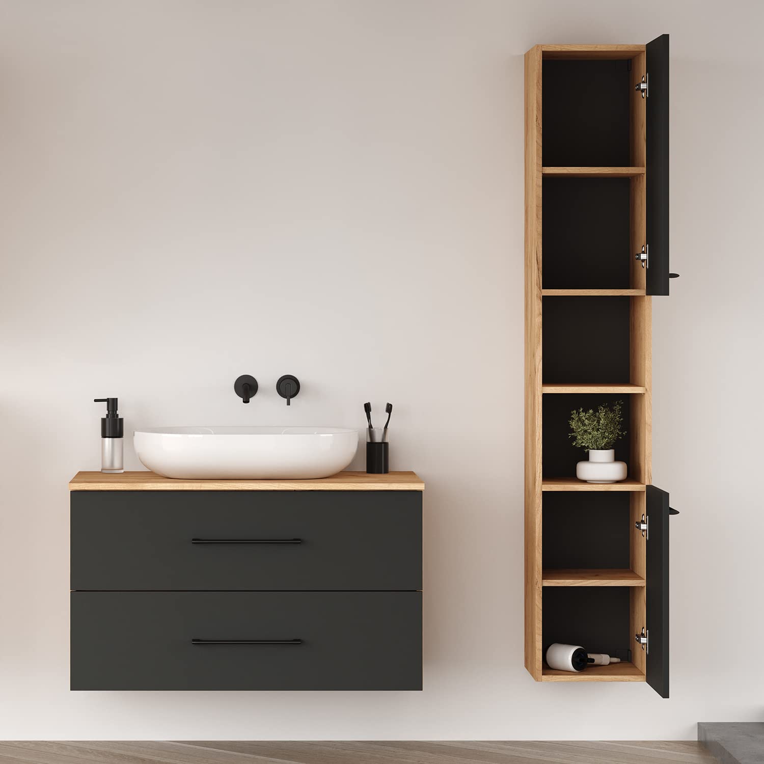 Planetmöbel set di mobili da bagno LUX 90 cm rovere oro/antracite SENZA lavabo con colonna rovere oro/antracite