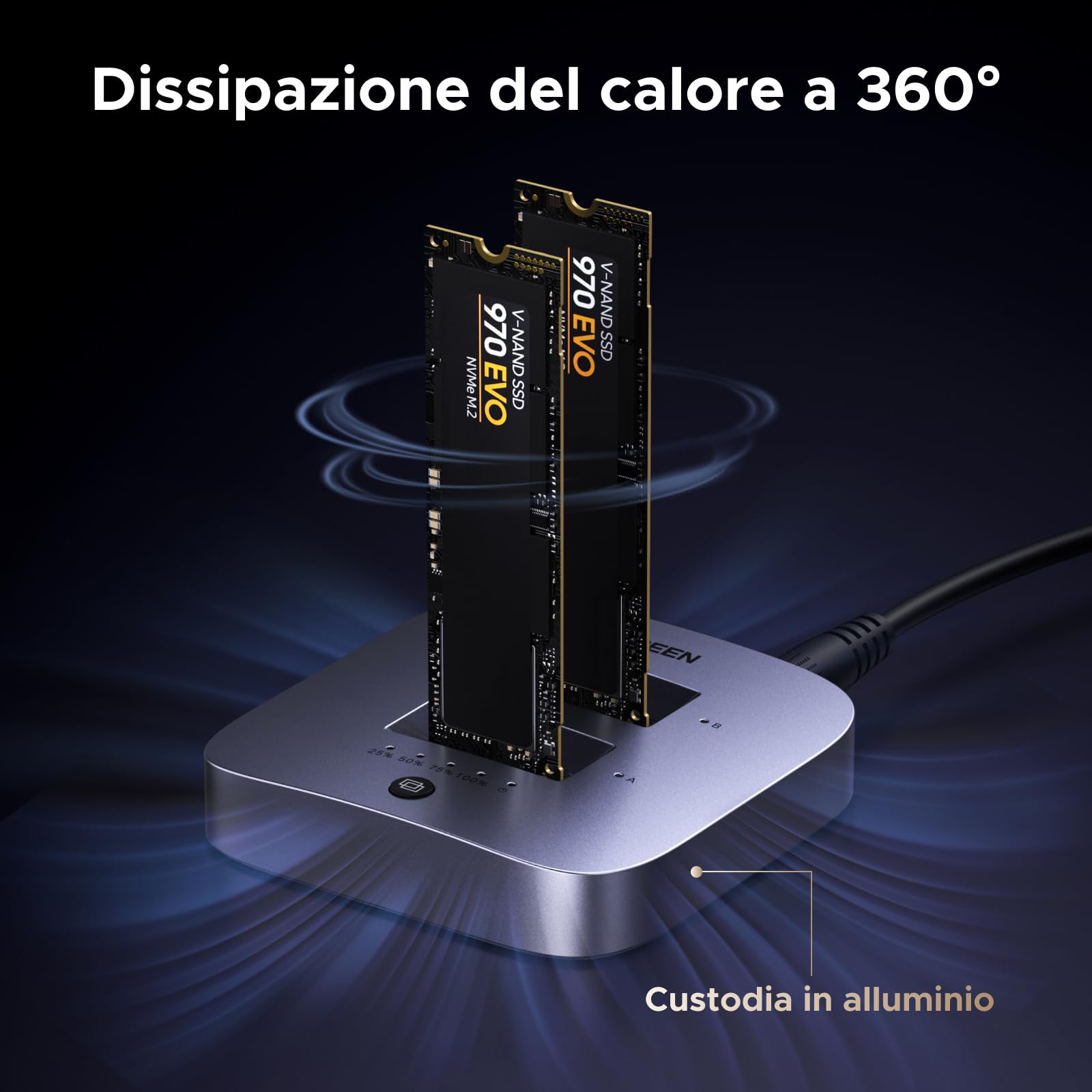 UGREEN Stazione di docking M.2 NVMe 20 Gbps, USB 3.2 Gen 2 Custodia SSD NVMe Dual Bay per SSD PCIe M/MB Key Supporto clonazione fuori linea, UASP, Trim e S.M.A.R.T.