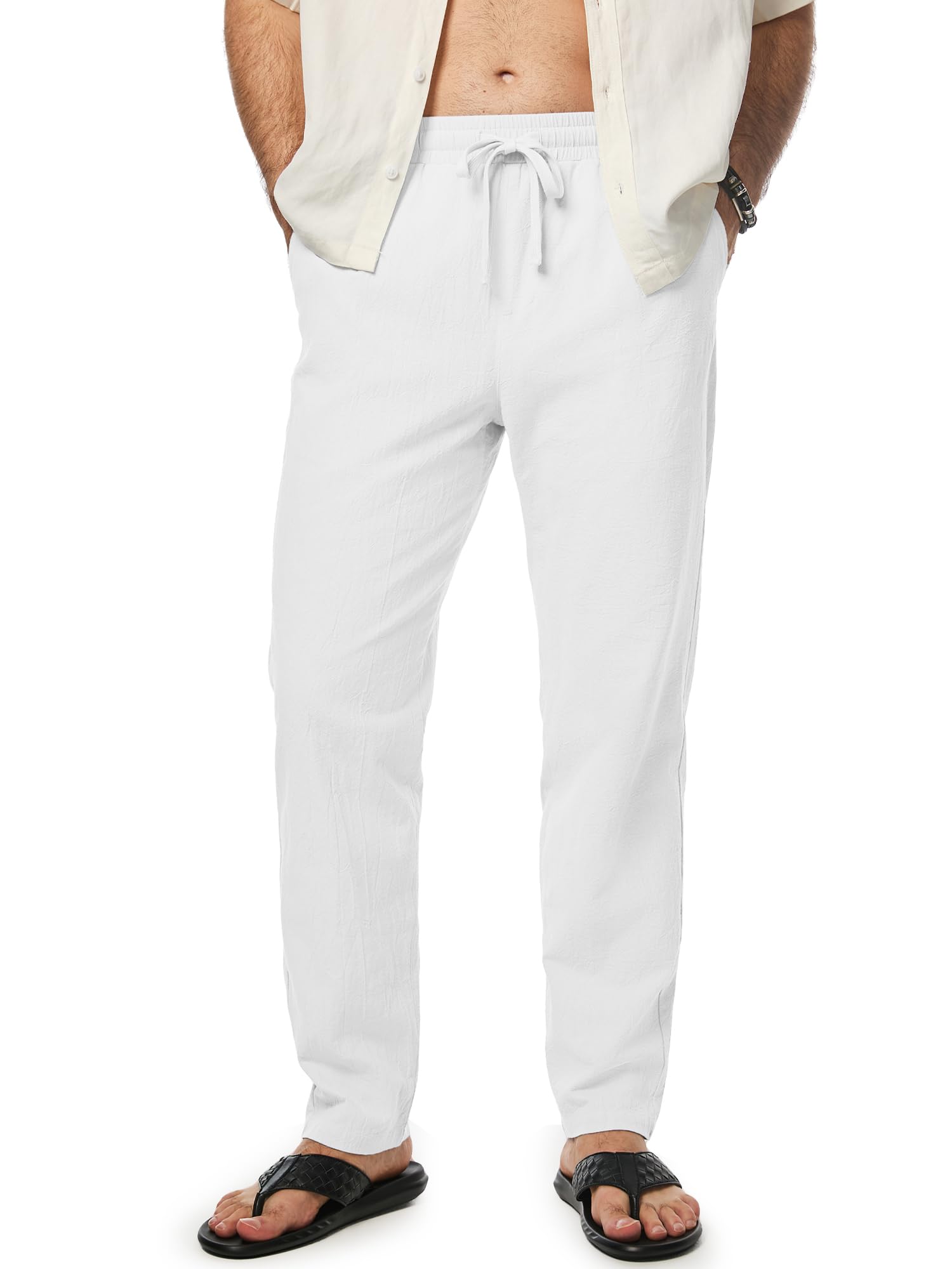 JMIERR Mens 100 Cotton Pants Casual Elastic Waist Drawstring Lightweight Summer Beach Trousers with Pockets