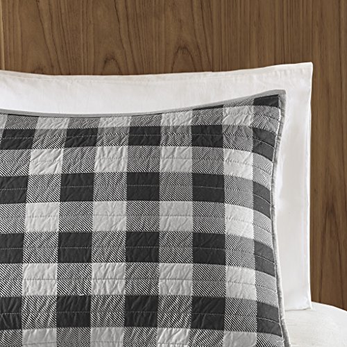 Woolrich Reversible Quilt Set - Cottage Styling Reversed To Solid Color, All Season Lightweight Coverlet, Cozy Bedding Layer, Matching Shams, Oversized Full/Queen, Buffalo Check Grey #TOP2