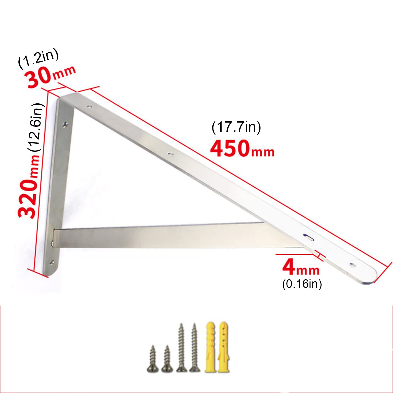 2 Pièces Support d?Étagère Flottantes en Acier Inoxydable,Équerre Étagere Murale Équerre pour Étagère Triangulaire en Métal,Equerre de Fixation 90 Degrés à Angle Droit,avec Vis (450mm/17.7in)