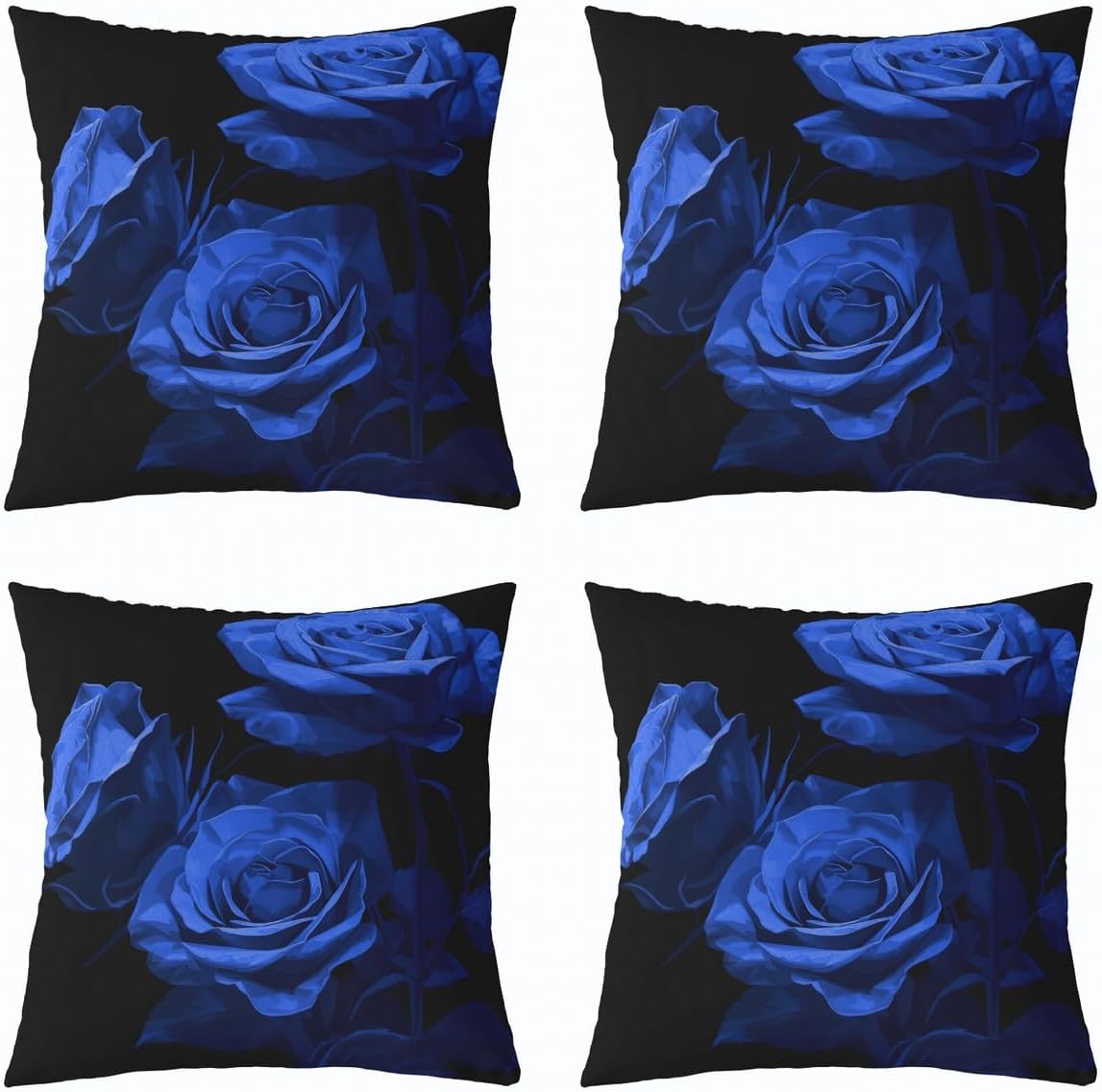 Pack of 4 Rose Decorative Throw Pillow Covers, Soft Rose Floral Bouquet Square Cushion Case Set for Couch Sofa Bedroom Living Room, Elegant Royal Blue Romantic Pillow Cases Pillowcases, 20x20 Inches