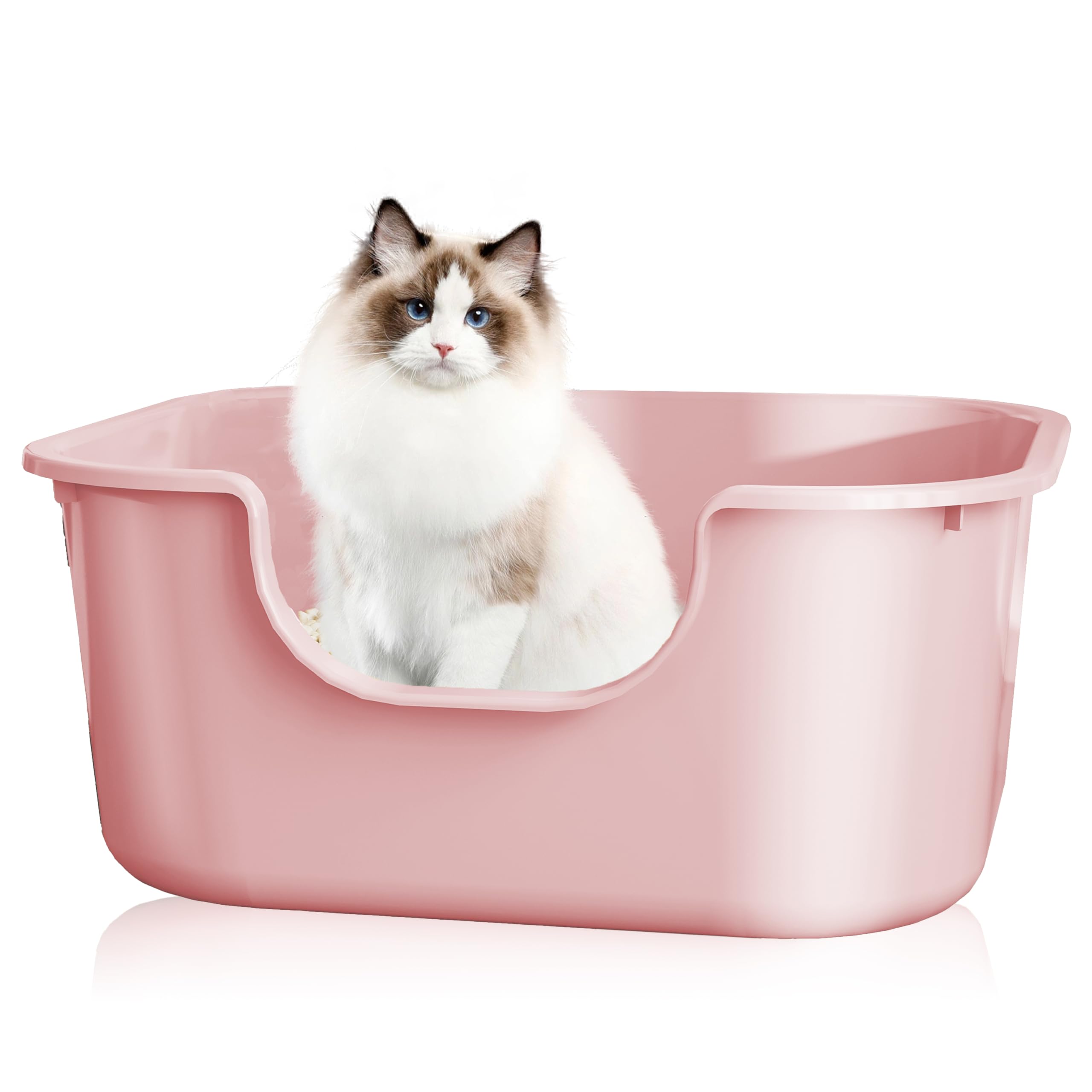 Pawsayes High Sided Cat Litter Tray Large Open Top Litter Box Deep Wall and Low Entry Splash Proof Kitty Litter Box for All Ages Cats (Pink)