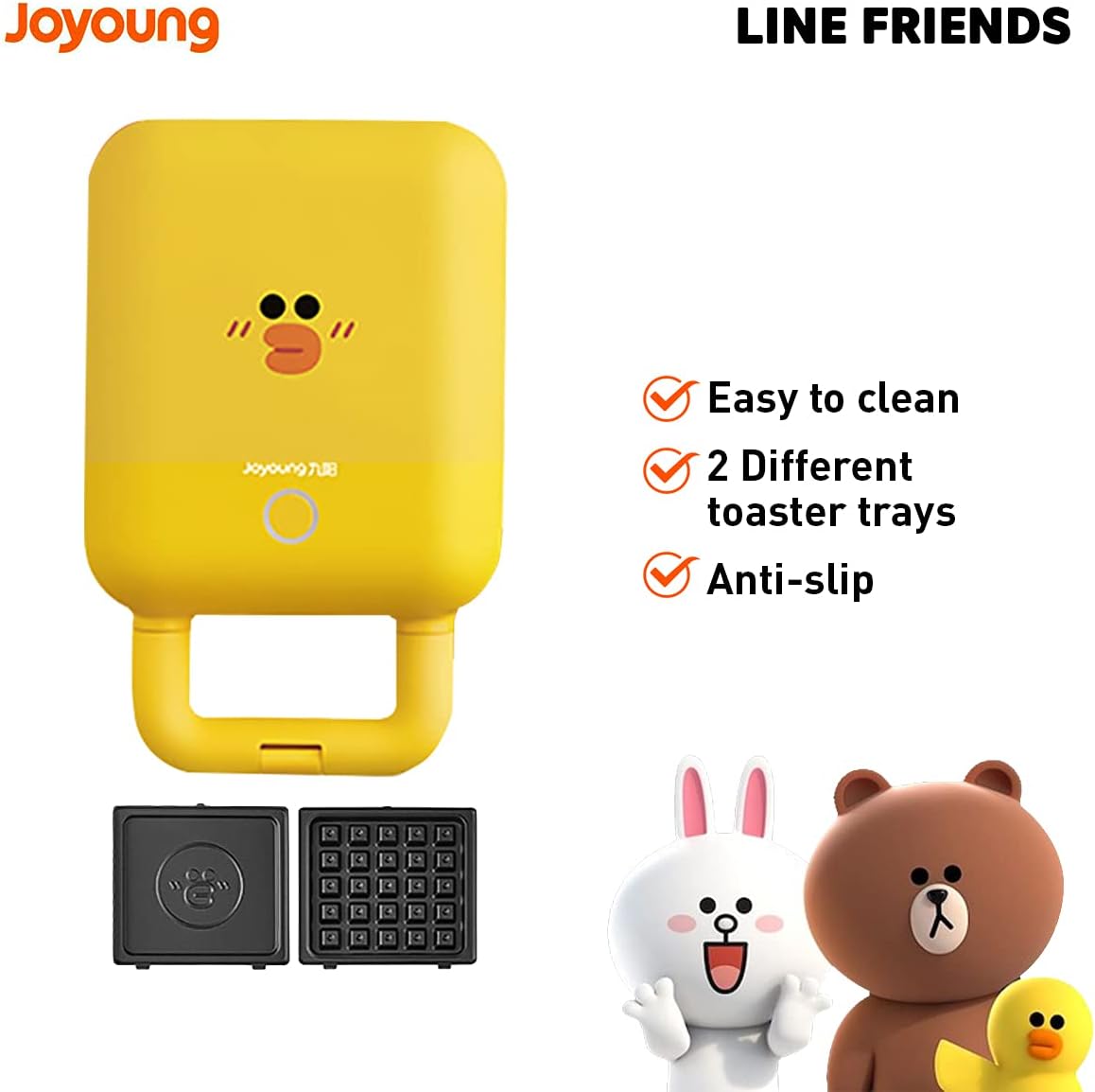 Joyoung Sandwich and Waffle Maker with interchangeable plates and anti-slip feature.