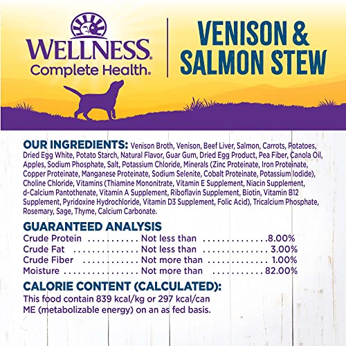 Image of Wellness Complete Health Stew Adult Canned Wet Dog Food, Grain Free, Natural, Venison and Salmon Recipe, 12.5 oz, Pack of 12 Cans