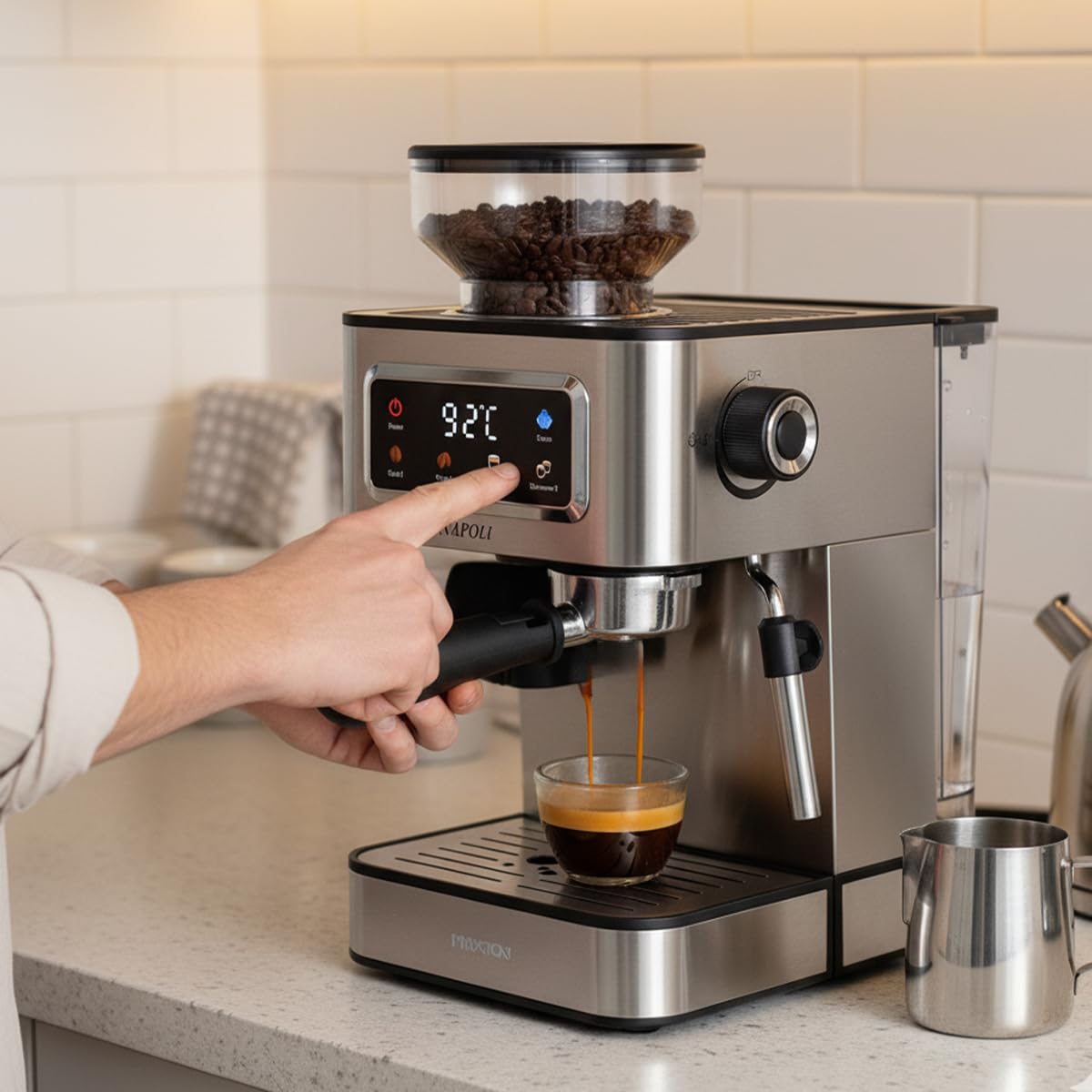 Prixton Caffettiera Espresso Napoli con Macinino Integrato 22 Livelli, 20 Bar, 1350W, Filtro a Doppia Uscita, Vaporizzatore regolabile, Compatibile con Caffè a Grana, Macinato e Capsule