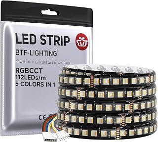 BTF-LIGHTING RGBCCT LED Strip 16.4ft 112LEDs/m DC24V IP65 12mm Width | Black LED Tape Highest Density 5050SMD 5 Colors in 1 RGB+ Tunable Color Temperature 2700K-6500K(No Adapter or Controller)