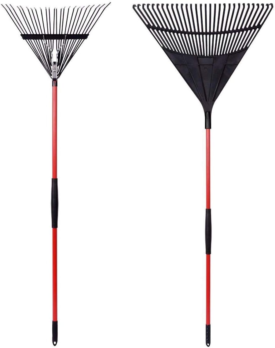 GardenAll 2-Piece Long Handle Raking Tool Set with 30 Tine Poly Leaf Rake,24 Teeth Steel Wire Leaf Rake, Adjustable Vinyl Coated Steel Tube Red Handles