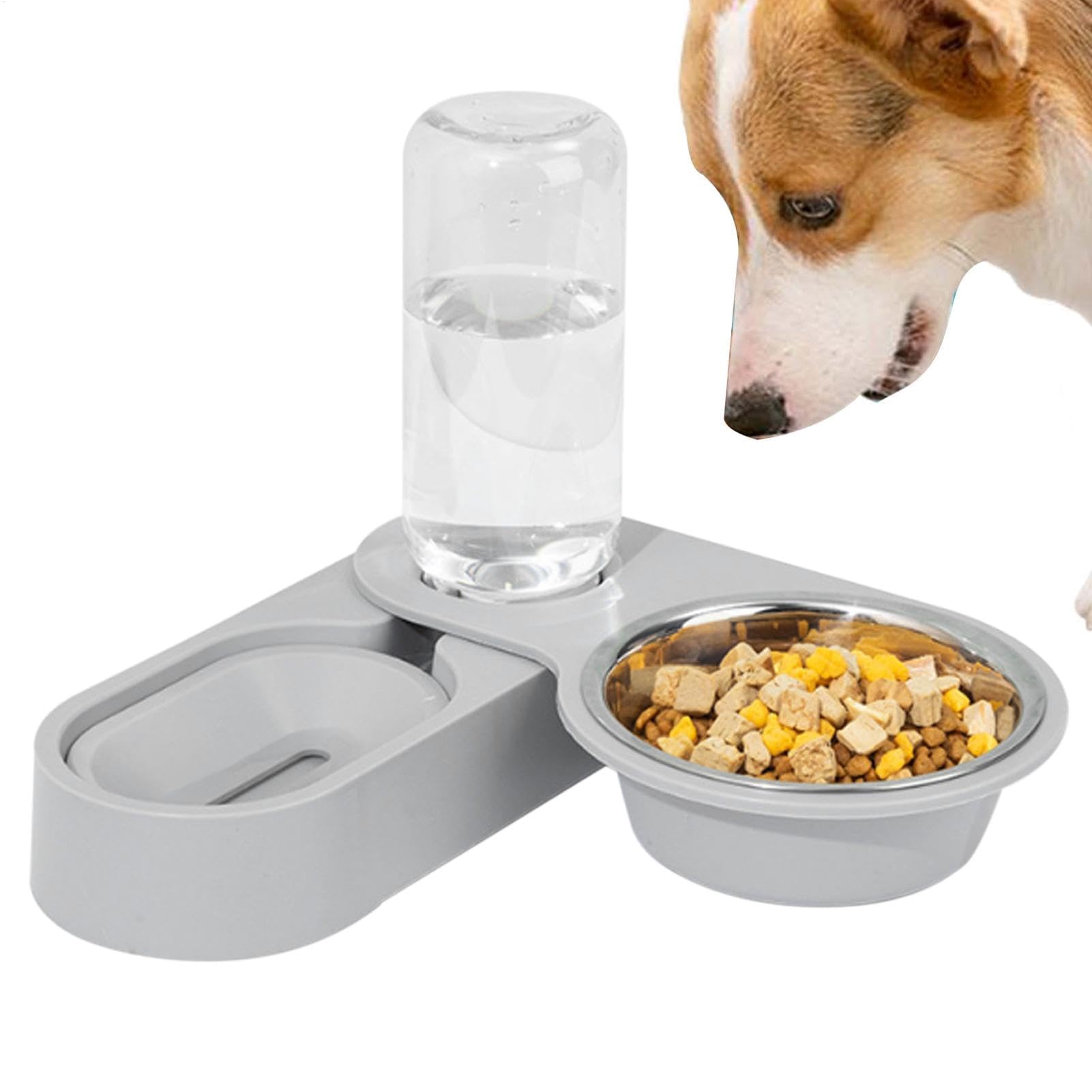 Ciotole per animali domestici, Distributore di acqua e cibo for gatti - Ciotole for animali domestici con bottiglia for bere portatile for, acciaio inossidabile antiscivolo(Gray)