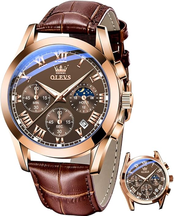 OLEVS Watch for Men Chronograph Brown Leather Gold Case Analog Quartz Fashion Business Dress Large Face Men Watch Day Date Luminous Waterproof Casual Male Wrist Watch Black/Blue/White Dial