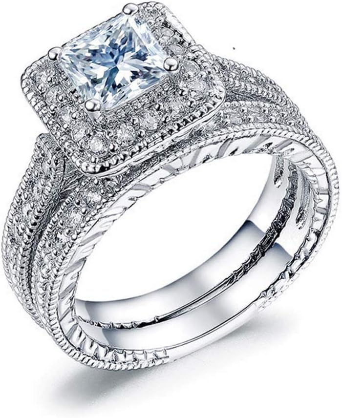 925 Sterling Silver Two in one Double-Layer Cubic Zirconia Wedding Ring for Women, Halo Wedding Ring Set, Men's and Women's Titanium Stainless Steel Ring 2-Piece Set Size 6