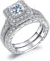 EUJHRTM 925 Sterling Silver CZ Halo Wedding Ring Set for Women + Titanium Steel Band for Men, 2-Piece Size 9 Bridal Match