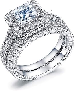 EUJHRTM 925 Sterling Silver CZ Halo Wedding Ring Set for Women + Titanium Steel Band for Men, 2-Piece Size 9 Bridal Match
