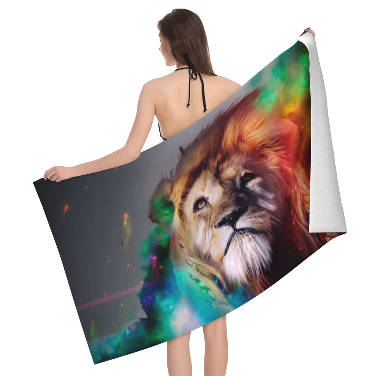 Lawenp Lion Head Beach Towel, Lightweight Sand Free Quick Dry Microfiber Absorbent Bath Towel for Kids, Adults, Swimming, Bath, Yoga, Pool, Travel, Camping 32"X52"
