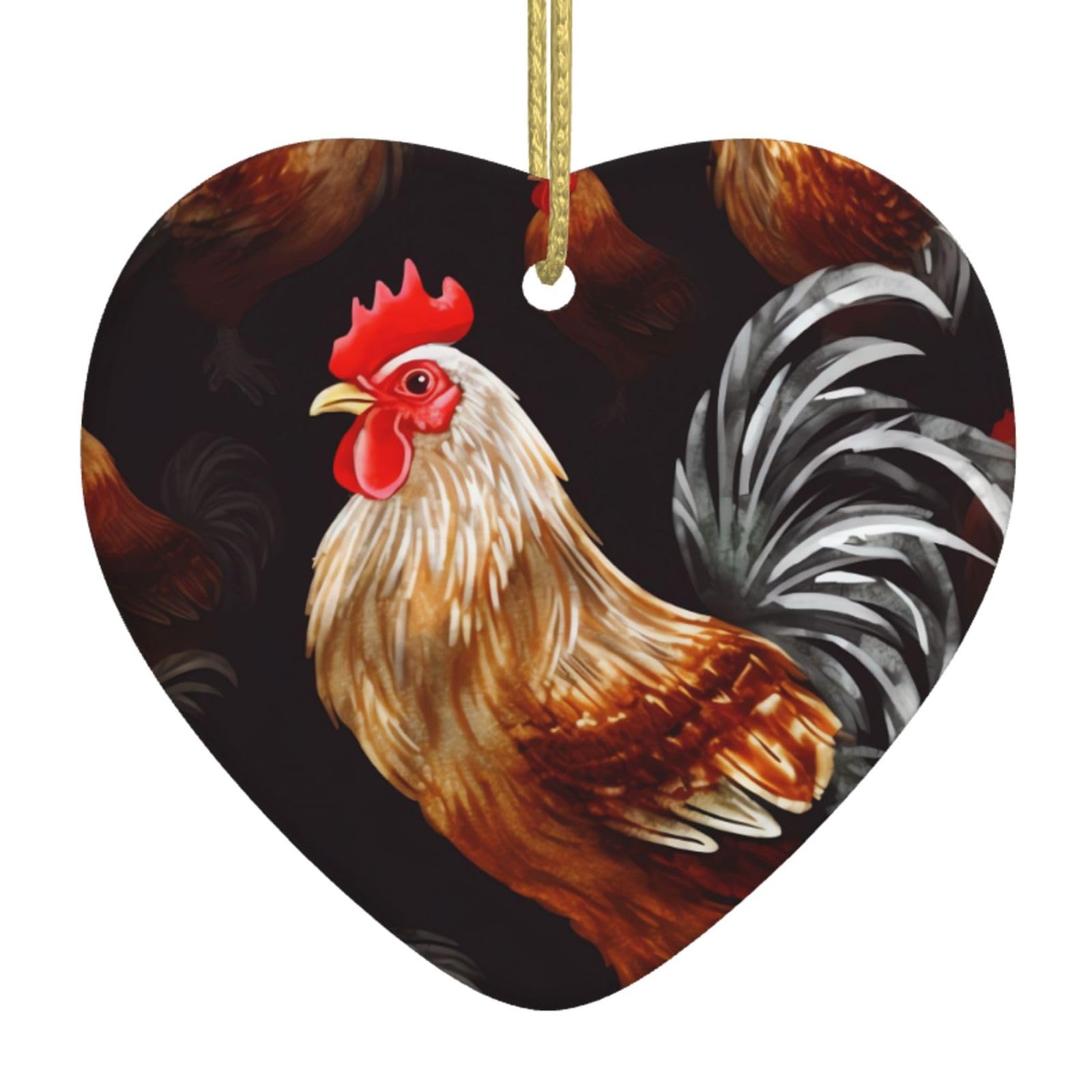 Ceramic Christmas Tree Hanging Ornaments with Gold Ropes Christmas Tree Decorations Heart Ceramic Shine Rooster Pendant Keepsake Decorations for Holiday Xmas Gift Ideas