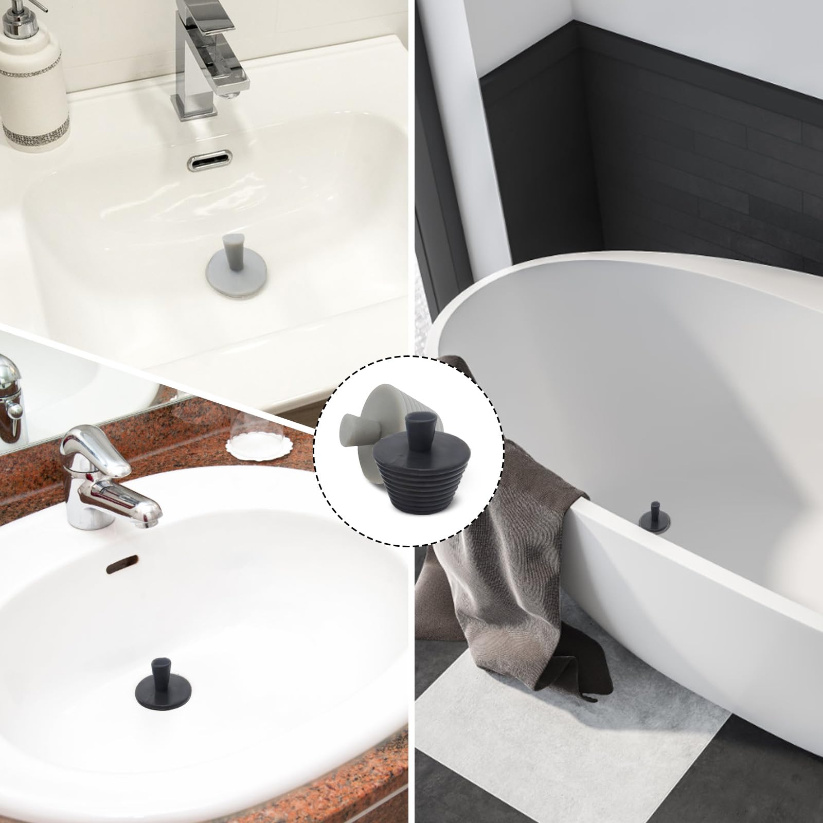 5 Tappi Per Vasca Da Bagno In Silicone - Universali Multicolore (Grigio, Bianco, Nero, Rosa, Blu) Con Ventosa Anti-perdite