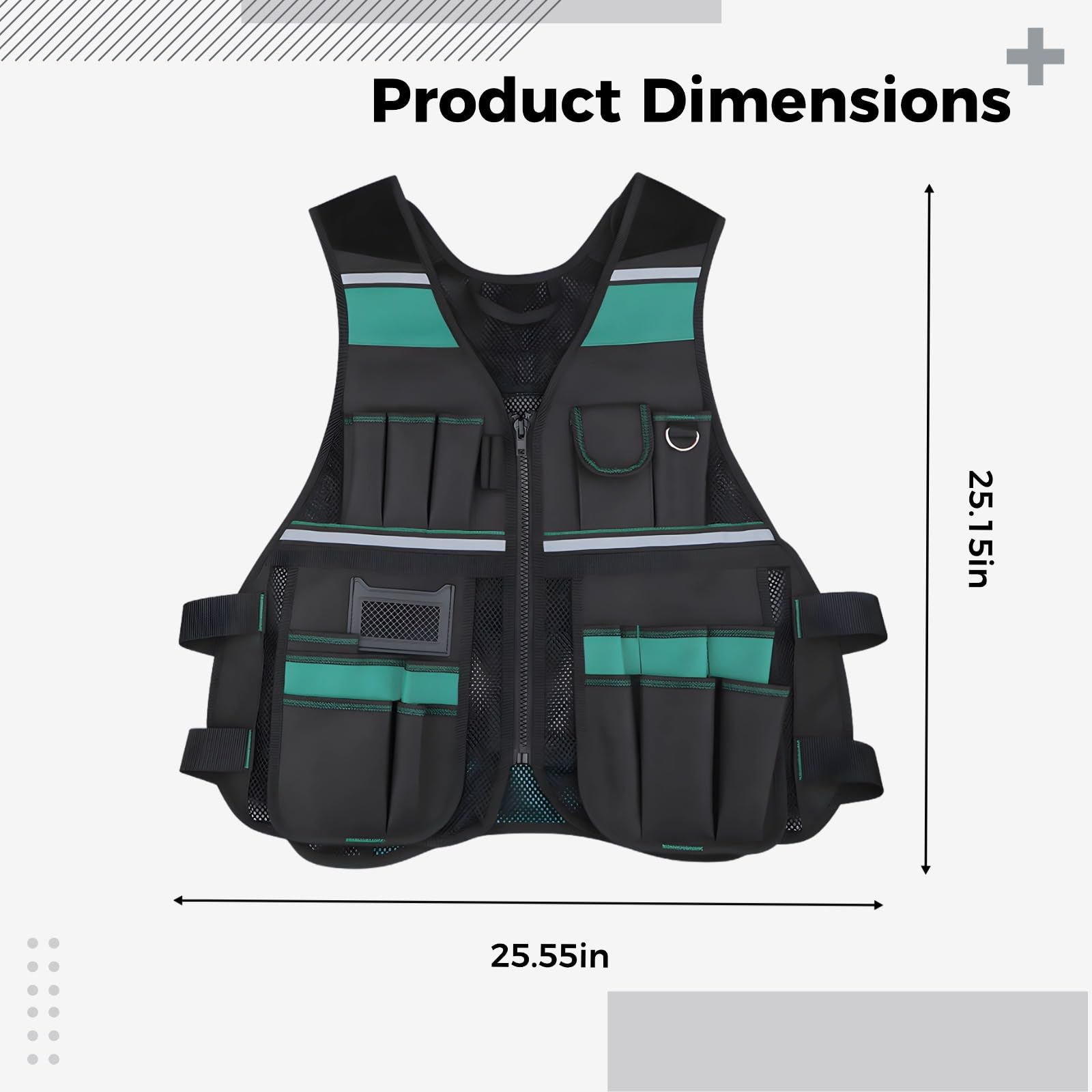 Chaleco de herramientas para hombre, chaleco de trabajo para electricista, diseño de seguridad reflectante, ropa de trabajo de poliéster ligero ajustable, con múltiples bolsillos, 64 x 65 cm