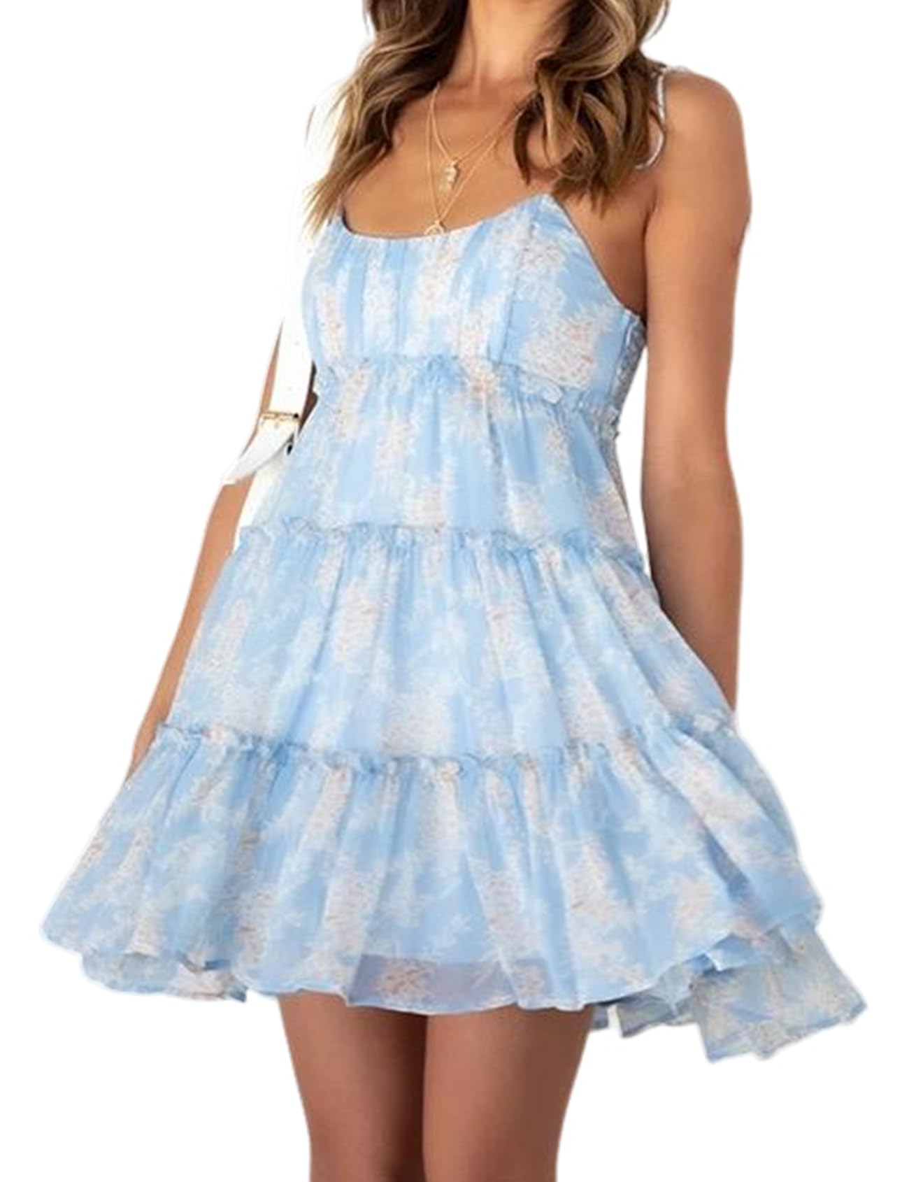 Gihuo Womens Floral Mini Dress Boho Flowy Skater Spaghetti Strap Ruffle Sleeveless Beach Dress 2024 Summer Sundresses