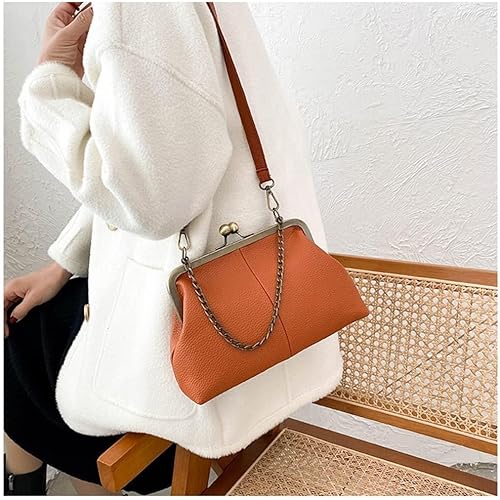 Miniatura 8 de Bolso de mano clásico retro para mujer, correa de cadena, de cuero, con cierre de beso, bolso de mano para el trabajo, bolso cruzado