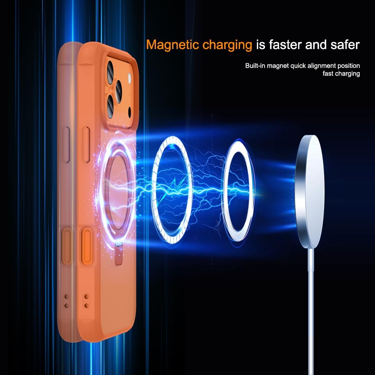 BAISRKE Compatible with iPhone 17 Pro Max Case with Invisible Magnetic O-Ring Stand Military-Grade Translucent Case for iPhone 17 6.9" [Compatible with Mag-Safe][Glass Screen Protector],Orange - Image 2