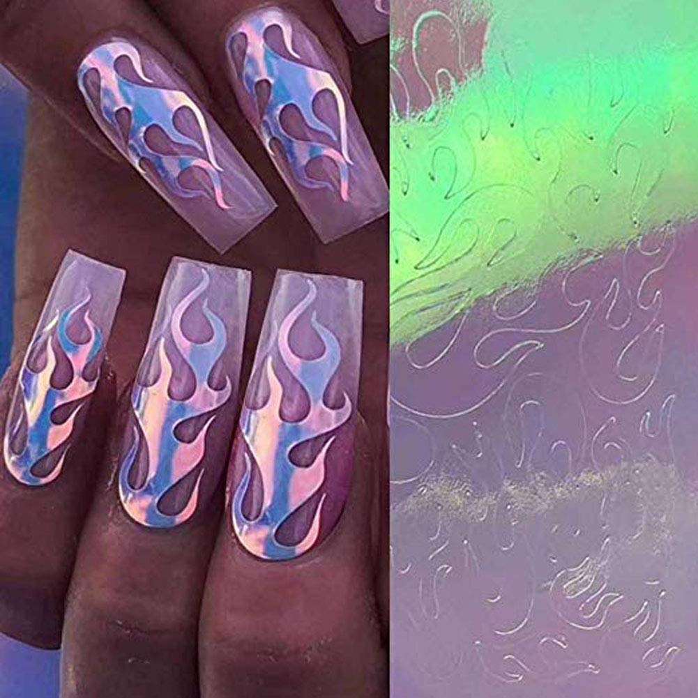 16Sheets/Set Aurora Flame Nail Sticker Holographic Colorful Fire Reflections Self-Adhesive Foils DIY Nail Art Decoration Sticker (Fire)