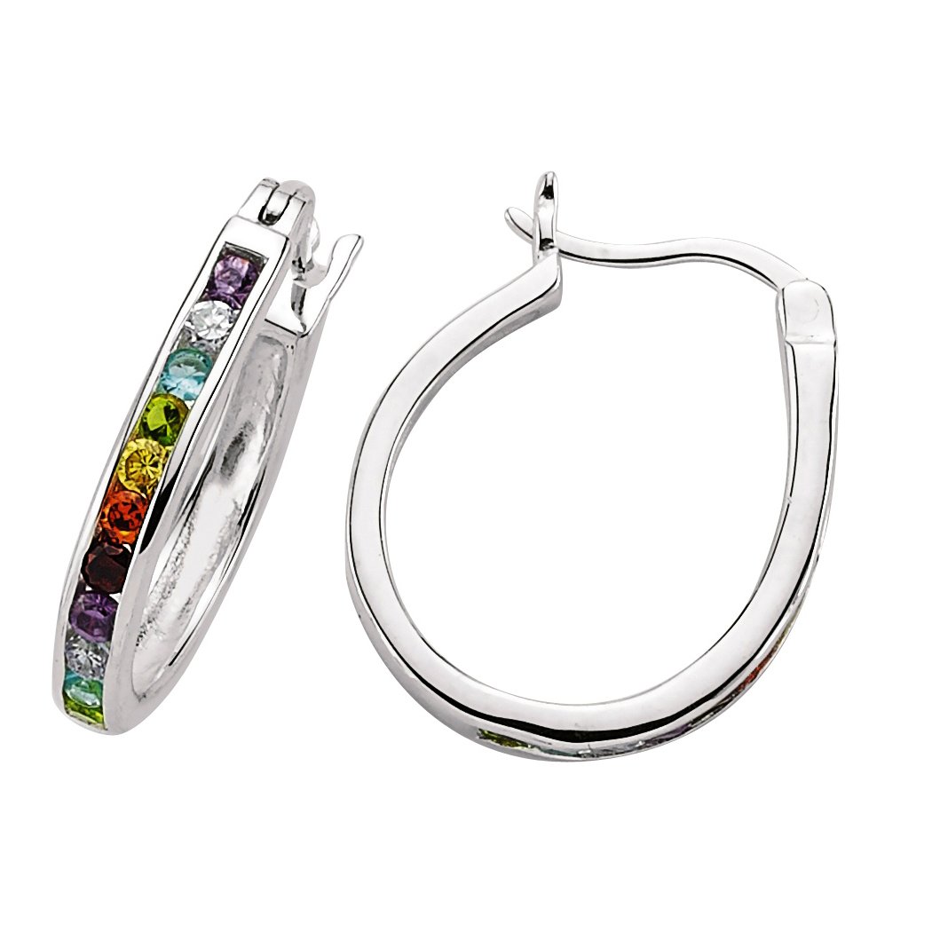 Jewelco LondonLadies Sterling Silver Multi Colour Cubic Zirconia Rainbow  Huggie Hoop Drop Earrings 17x21mm