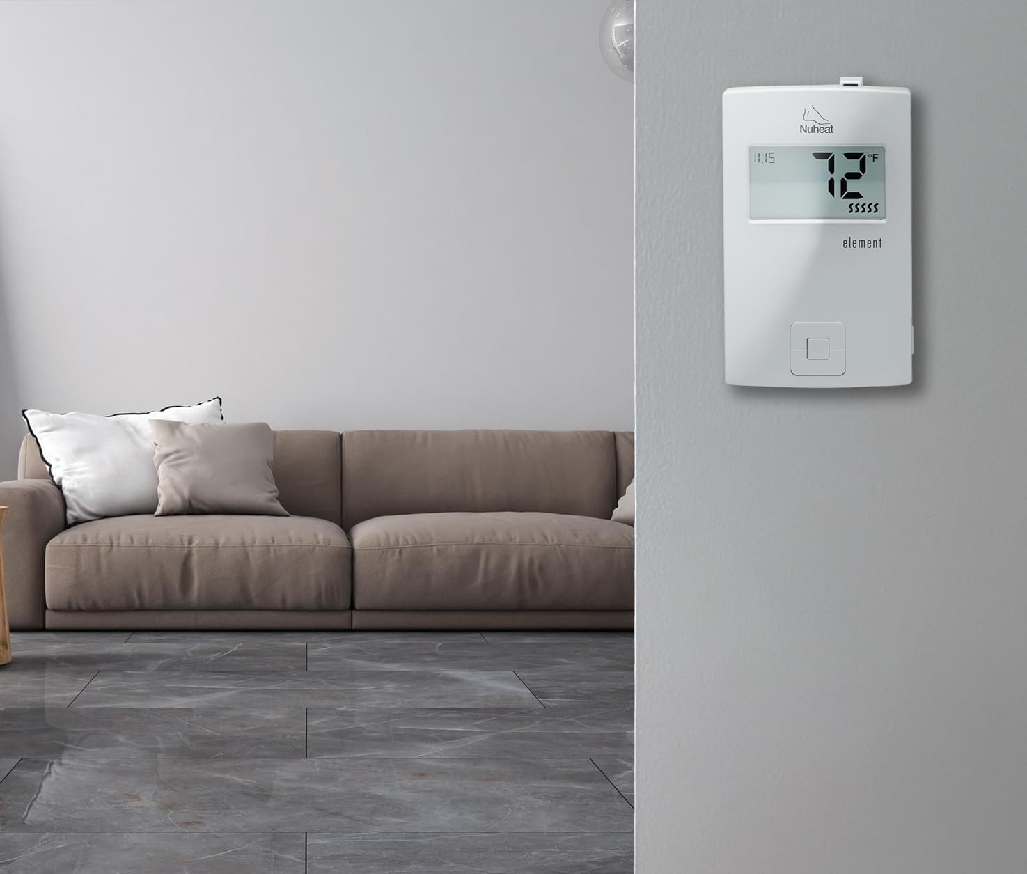 Close-up view of the Nuheat Element AC0057 Thermostat display showing time 11:15 and temperature 72°F, with the Nuheat logo and 'element' text.