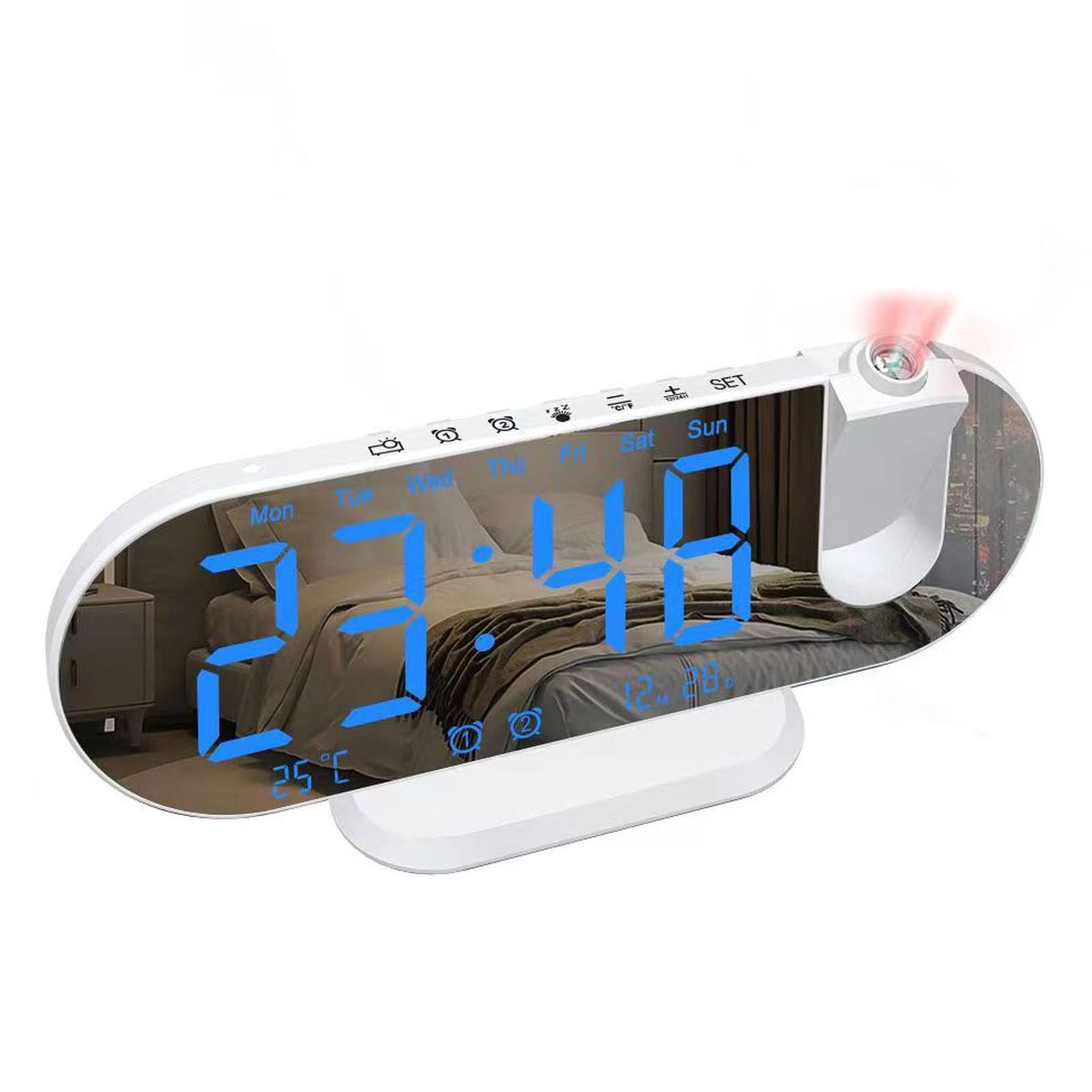 Reloj despertador de proyección con radio FM, pantalla digital, puerto de carga USB, función de repetición, brillo ajustable para dormitorios
