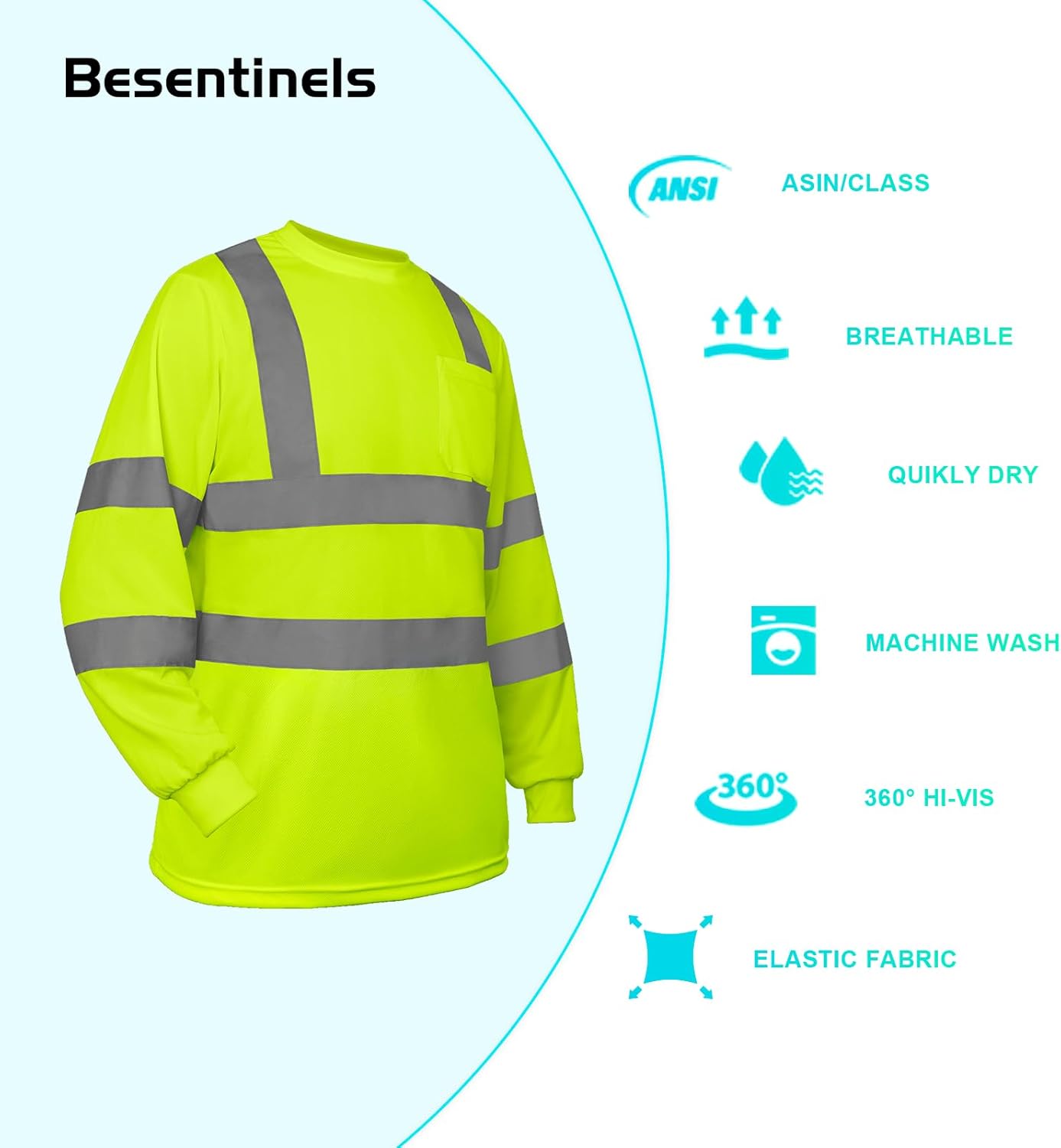Hi Vis Shirts for Men and Women with Long Sleeve, Class 3 High Visibility Safety Shirts with Reflective Strips, Constrcution,Airports, Parking Lots, Yellow X-Large 1pc - Image 3