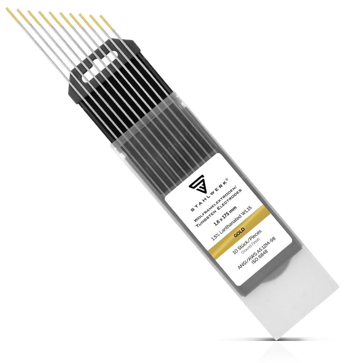 STAHLWERK Wolframelektroden WIG Ø 1,6 x 175 mm – WL15 Gold – 10 Stück, Schweißelektroden, langlebig, stabil und belastbar, für Stahl, Edelstahl, Alu, Kupfer, universell für alle gängigen WIG-Geräte