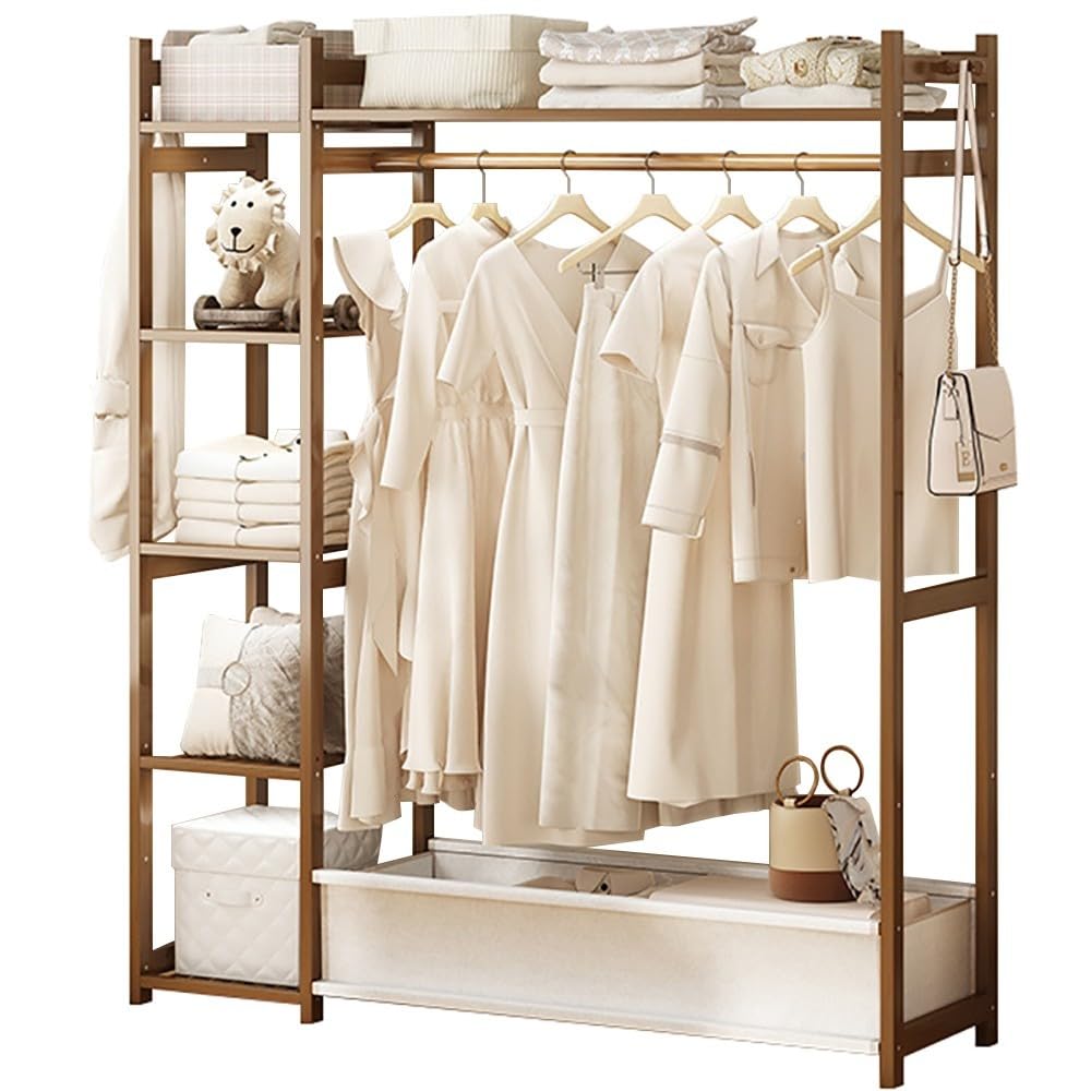 POLGDW Bamboo Clothing Rack with 5 Shelves Free Standing nizer for Bedroom Perfect for Dresses Shoes & Hats Max Load 100kg Stylish & Storage Solution