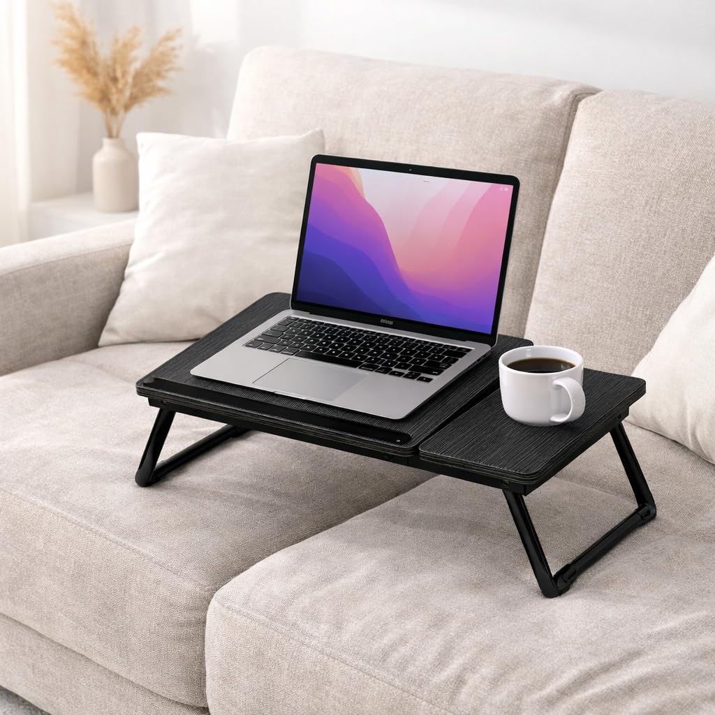 Mesa Reclinable para Cama y Sofá, Bandeja Plegable con Portavasos, Ideal para Ordenador Portátil y Libros, con Cinco Alturas, Mesita Auxiliar Multiusos de MDF, Acero y Plástico