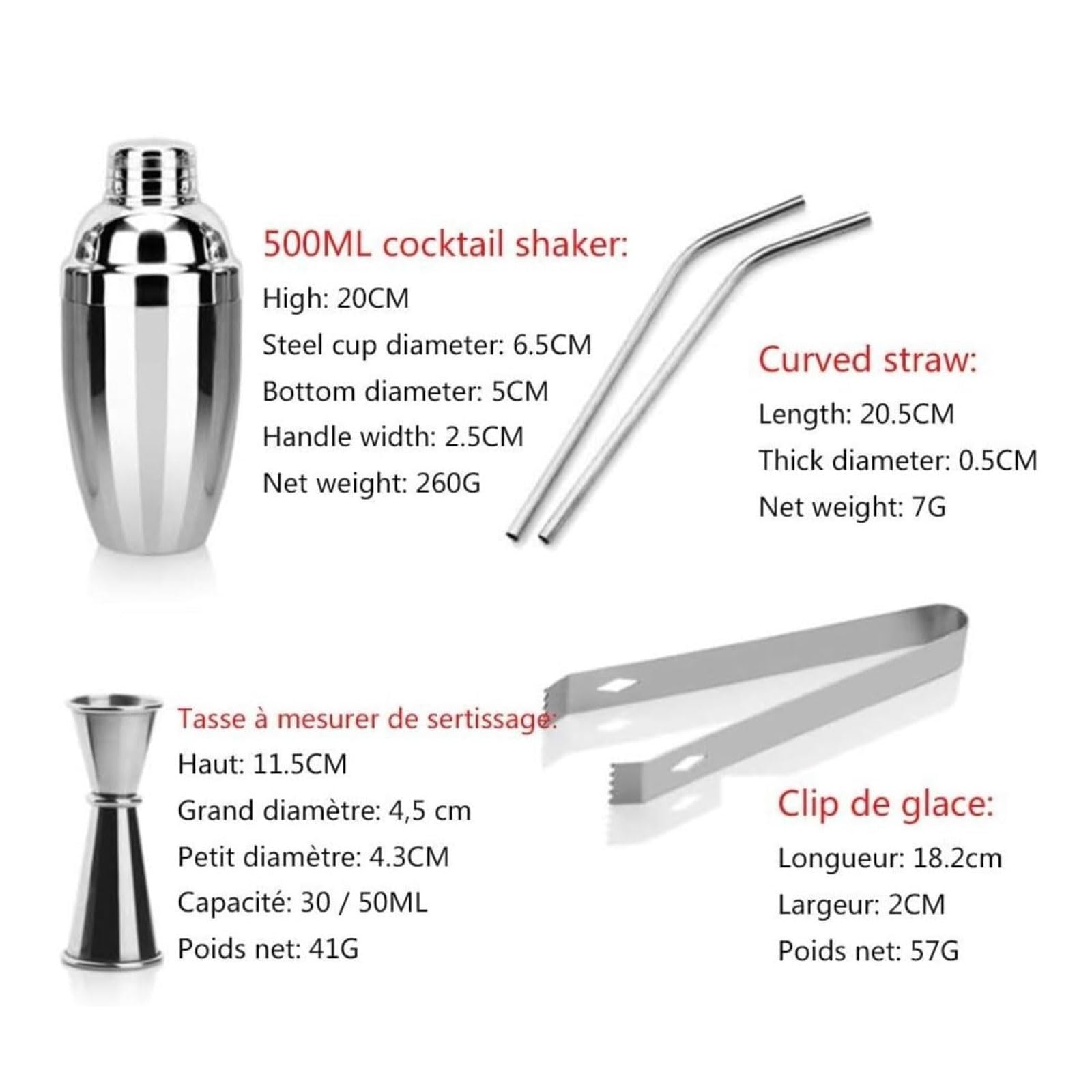 Kit d'outils pour Shaker à Cocktail en Acier Inoxydable, Ensemble de Shaker de Bar avec Sac de Rangement Portable pour mélanger des Boissons, Bar, Maison, Salon et fête