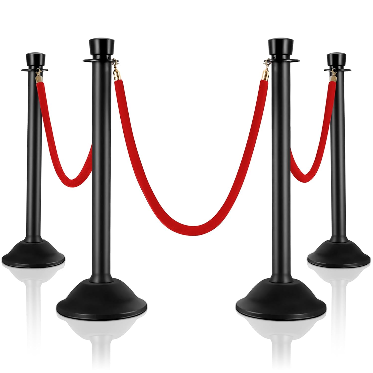 HABUTWAY Red Carpet Stanchions, 4PCS Stanchion Set, Crowd Control Barrier with 5ft Red Velvet Rope, Black Delineator Post with w/Sturdy Base, Easy Connect Assembly,Barriers for Red Carpet(Red Rope) 4 PC Red + Black