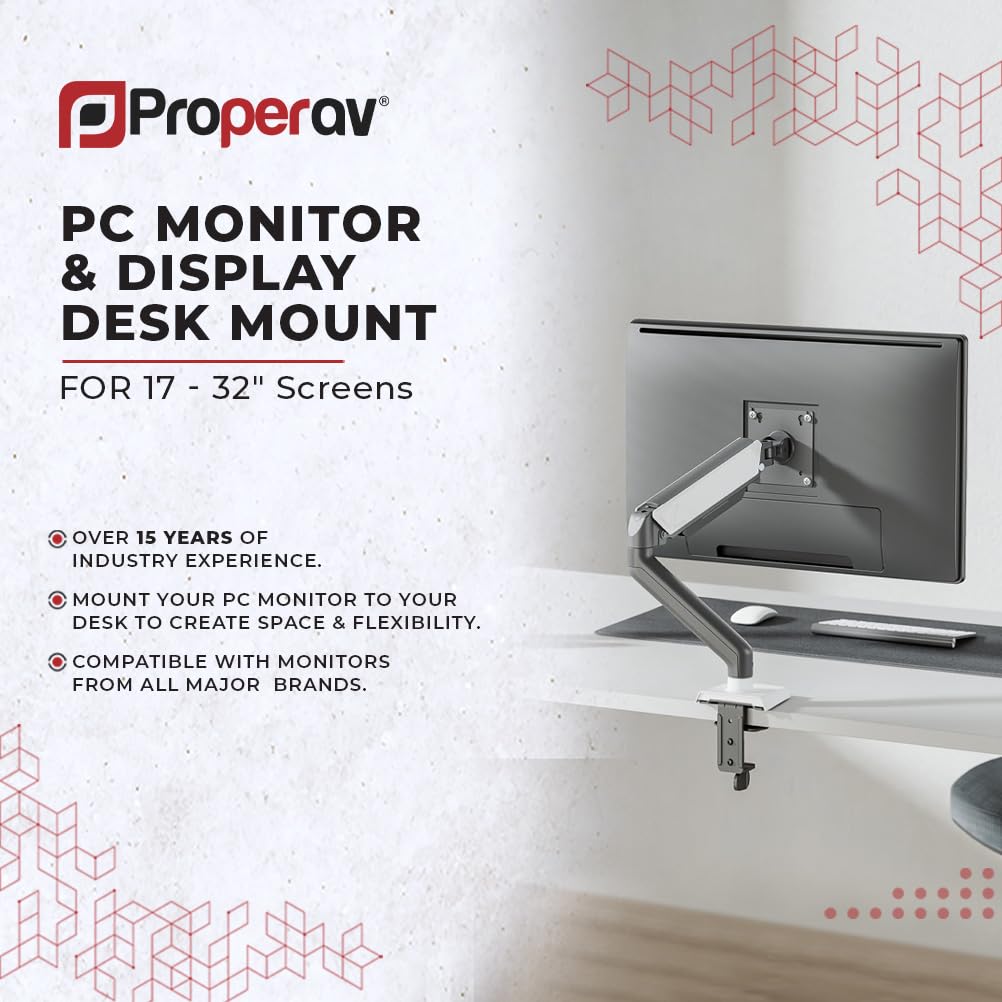 ProperAV Soporte articulado para Monitor de Escritorio con Brazo oscilante de 17 Pulgadas, 19 Pulgadas, 21 Pulgadas, 22 Pulgadas, 23 Pulgadas, 24 Pulgadas, 27 Pulgadas, 32 Pulgadas, VESA MAX 100 x