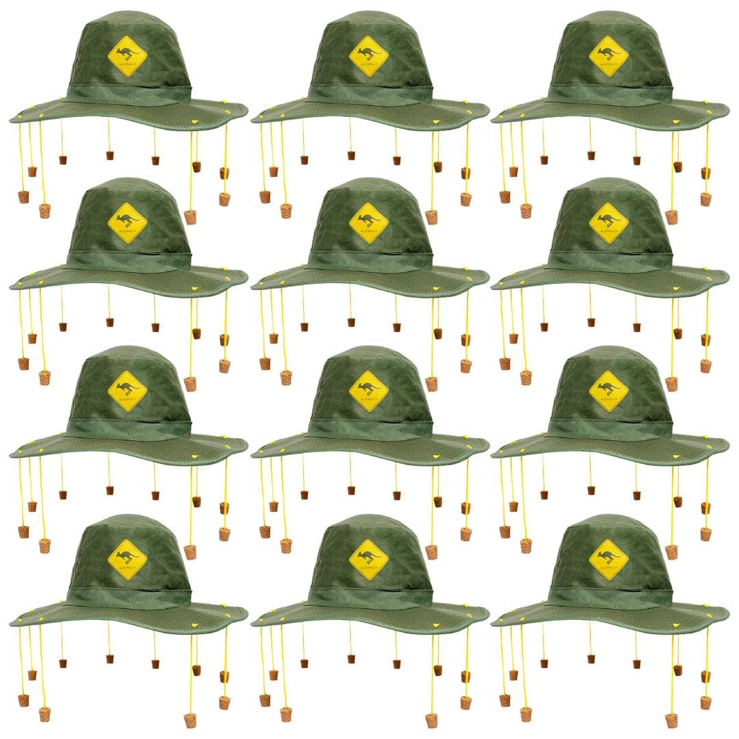 Australian Cork Hat 12 Pack - Green Aussie Fancy Dress Hats with Kangaroo Badge and Hanging Wooden Corks - Bulk Costume Accessory Set for Australia Day, Outback Theme Parties and Group Events